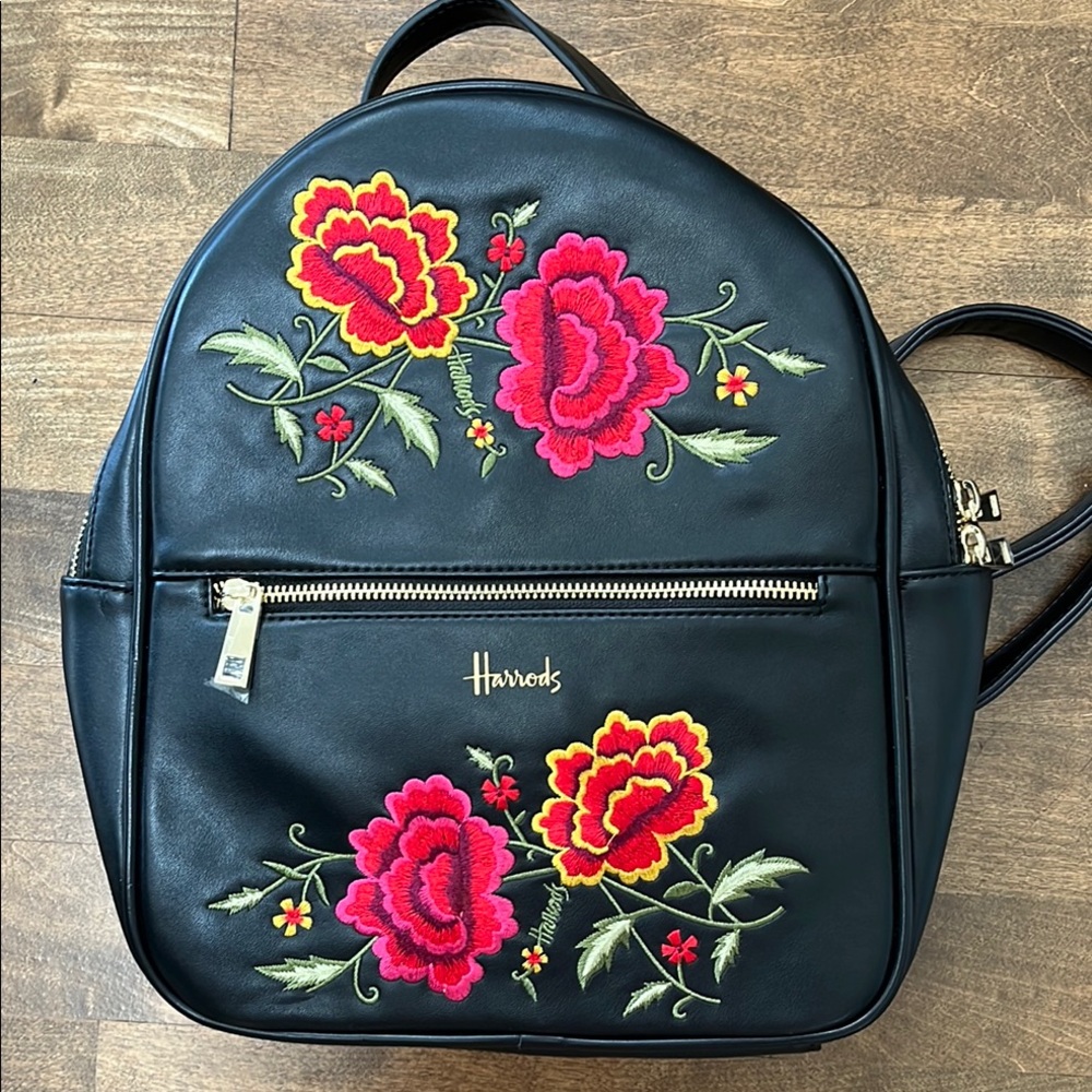Vintage Harrods Black and Red Floral Embroidered Euro Style Backpack LIKE NEW